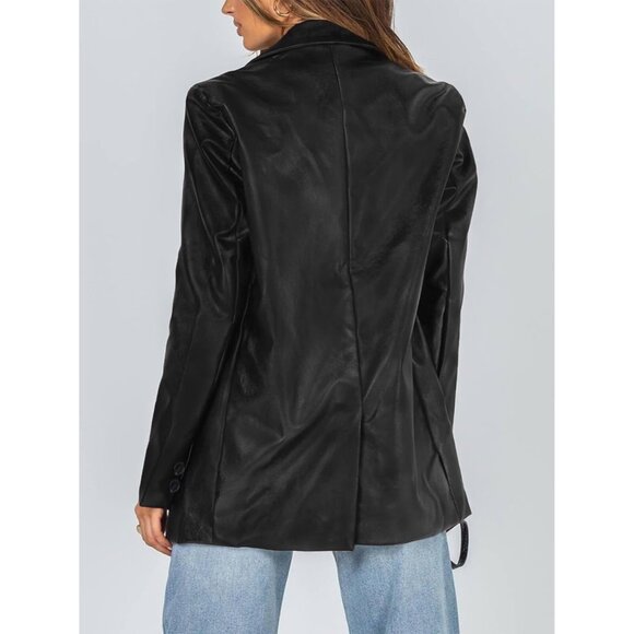✨Women Black Jacket Long Sleeve Faux Leather Blazer Button Down Shacket Coats - Picture 3 of 5